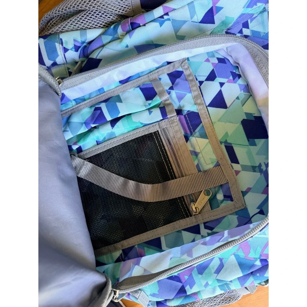 LL Bean Deluxe Backpack Blue Purple Geometric Triangle Print School Bag